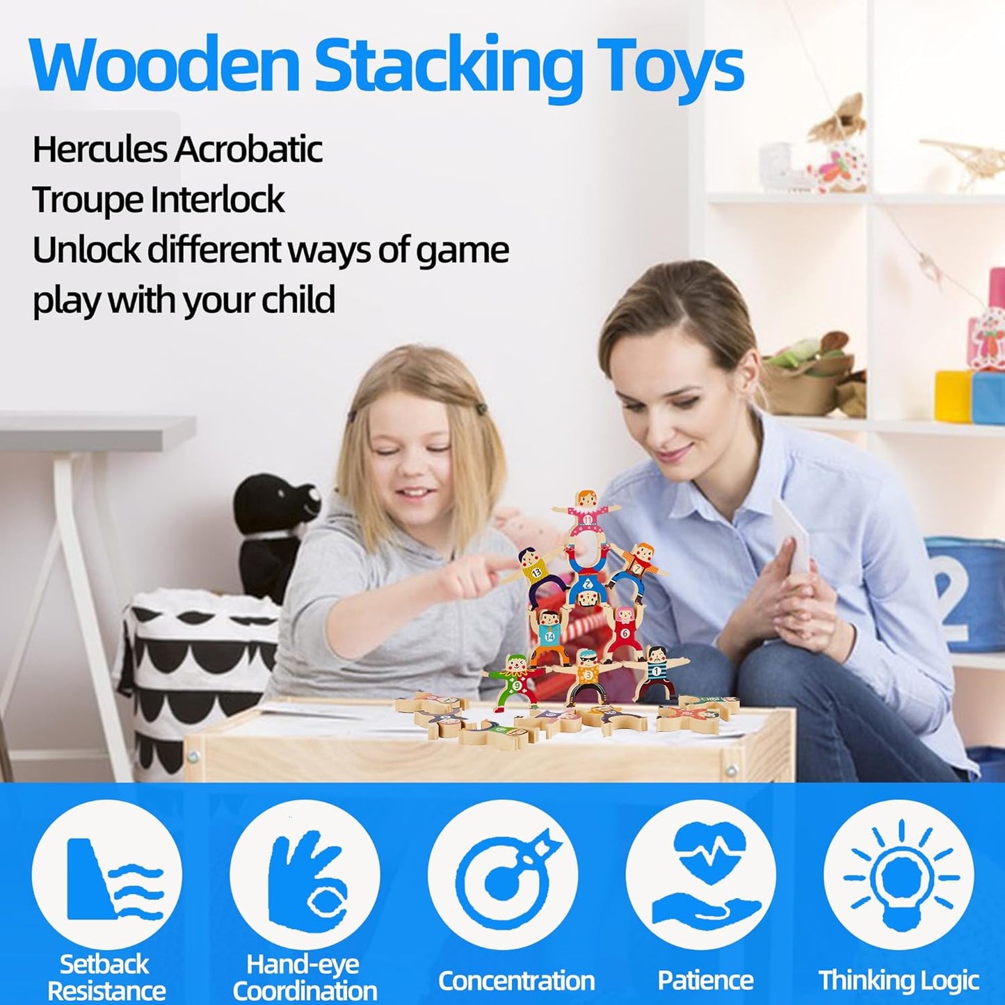 Moopok Wooden Stacking Toys,16Pcs Circus Hercules Acrobatic Troupe Interlock Toy